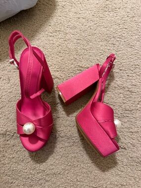 Gianni Bini Hot Pink Pearl-Accent Block Heel Sandals - Women